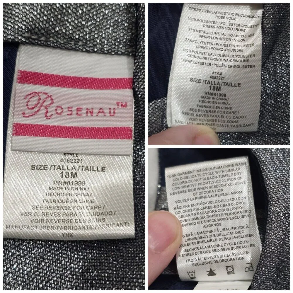 Rosenau Baby Dress Set 18M Silver Metallic Bodice Navy Mesh Skirt Bloomers EUC